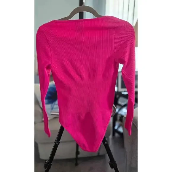 OQQ Hot Pink Long Sleeve Ribbed Bodysuit New-Med - Picture 4 of 5